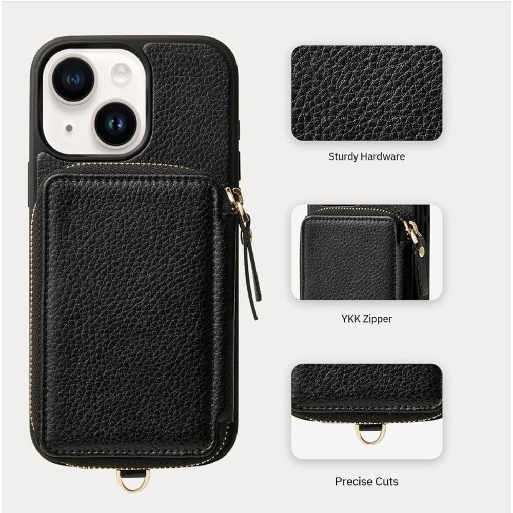 Custype‎ iPhone 13 Pro Wallet Case Black Zipper Pouch Card Holder NEW